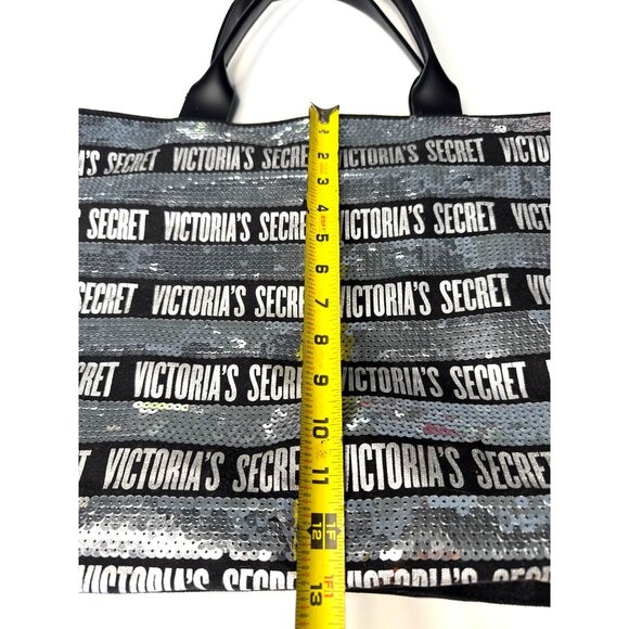Victorias Secret Large Sequin Tote Bag Black & Silver With Zip Closure - Picture 7 of 10